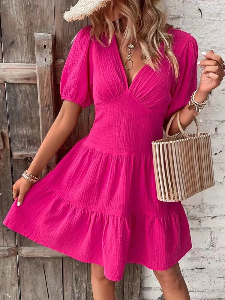 Elegant Midi Dresses For Women Summer Casual V Neck Puff Sleeve Ruffle Beach Dress Fashion Red Simple A-line New In Dresses 2023