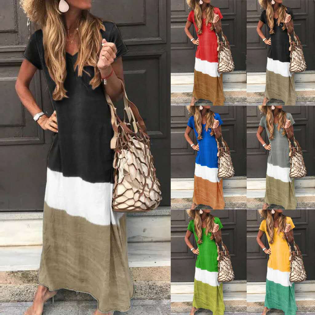 Casual Loose Plus Size Female Summer 2023 T-shirt Maxi Dress Contrast Patchwork Colour Short Sleeve V-Neck Women Long Dresses