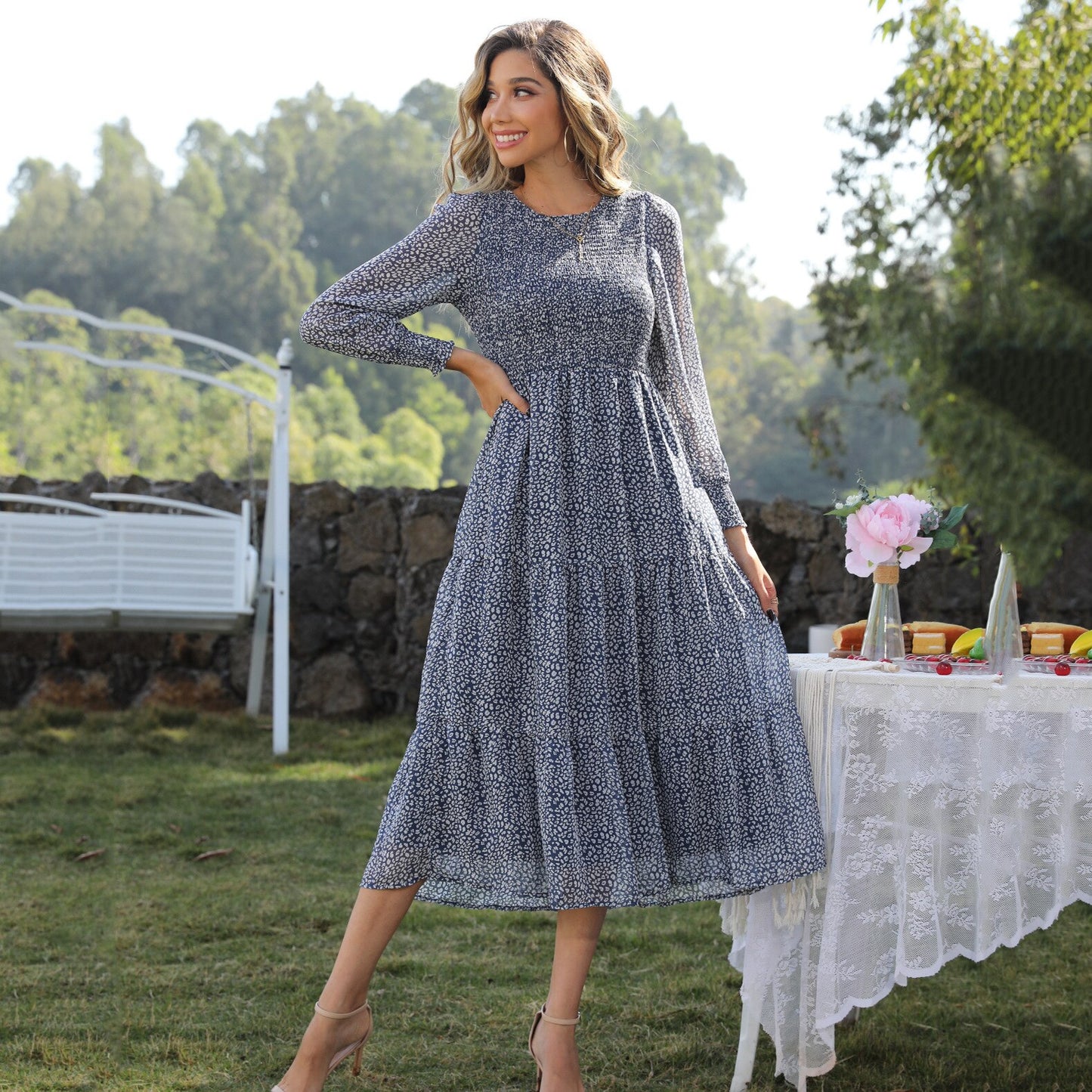 Chiffon Print Long Sleeve Dress Women Elegant Blue Ruffle Big Hem Long Party Dresses Casual Midi Holiday Dress Spring 2022 New