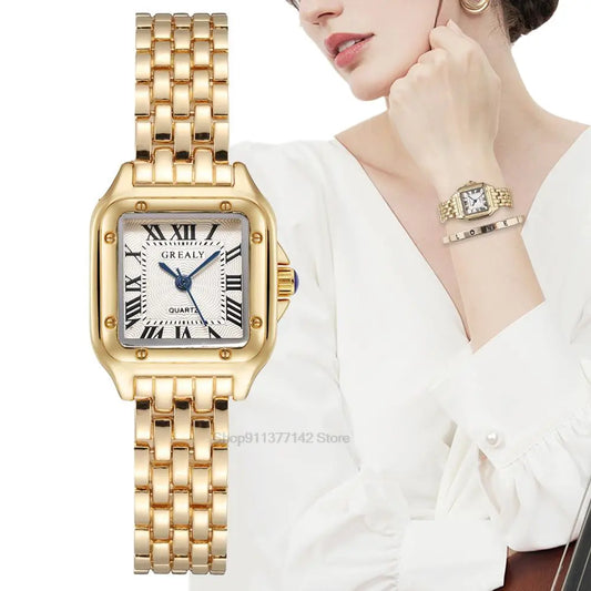 2023 Luxury Women's Fashion Square Watches Gold Alloy Strap Ladies Quartz Wristwatches Qualities Female Roman Scale Clock