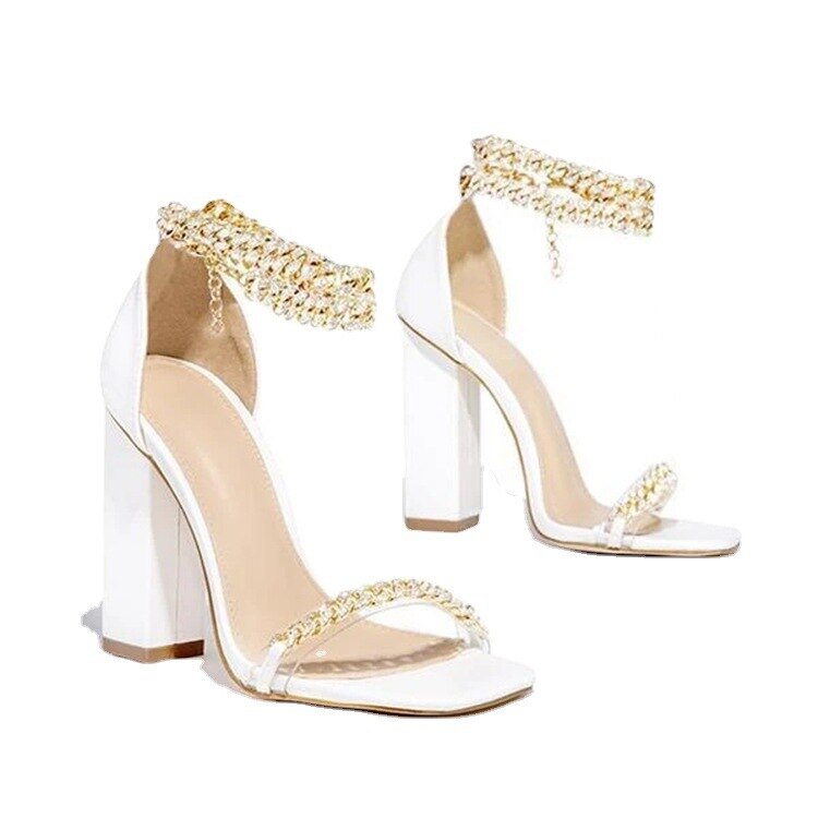 2022 New Women Fashion Sandals Crystal Chain High Heels Female Shoes Woman Square Heel Open Toe Buckle Strap Ladies Sandals