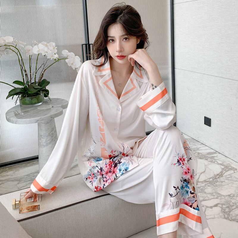 Pajamas Women's Ice Silk 2023 Spring New Long Sleeve Trousers Suit Cartoon Dream Rotating Carriage Home Wear