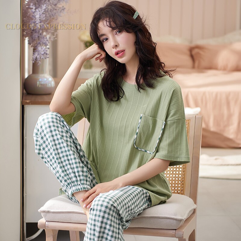 Summer Knitted Cotton Elegant Pajamas Set Women Pyjamas Polka Dots Sleepwear Nightwear Pijama Mujer Plus Size Calf-Length Pants