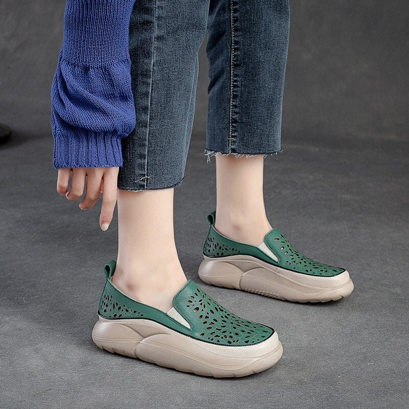 DRKANOL New Women Flat Platform Shoes Summer Hollow Slip-On Shallow Casual Sneakers Women Genuine Leather Lazy Shoes H97-11J