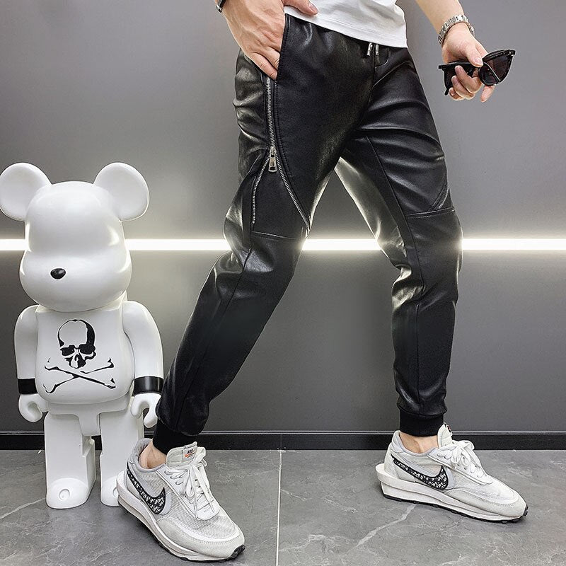 Hot 2023 new men's pu leather straight pants motorcycle casual skinny trousers Black size 28-36 A106