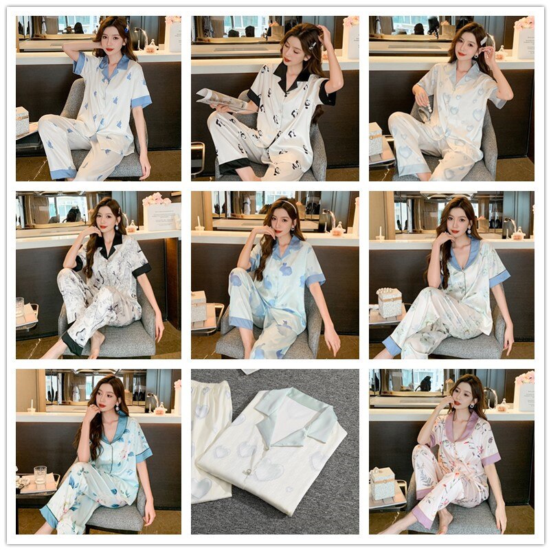 Summer Luxury Women Pajamas Set Faux Silk Pajamas Short Sleeve Two Piece Sleepwear Long Pants Nightwear Set Home Wear Clothes