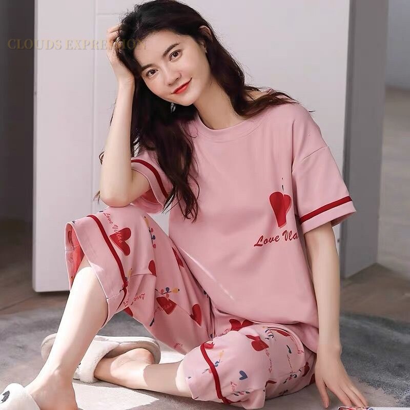 Summer Knitted Cotton Elegant Pajamas Set Women Pyjamas Polka Dots Sleepwear Nightwear Pijama Mujer Plus Size Calf-Length Pants