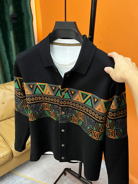 Trendy Jacquard Cardigan Men's Embroidered Sweater 2023 Autumn New Lapel Knitted Sweaters Jacket Outer Slim Jackets Men Clothing