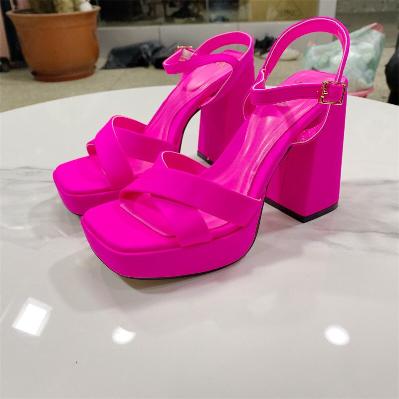 2022 Brand New Great Quality RosyRed Platform Chunky High Heels Women Shoes Elegant Party Lady Trendy Summer Ankle Strap Sandals