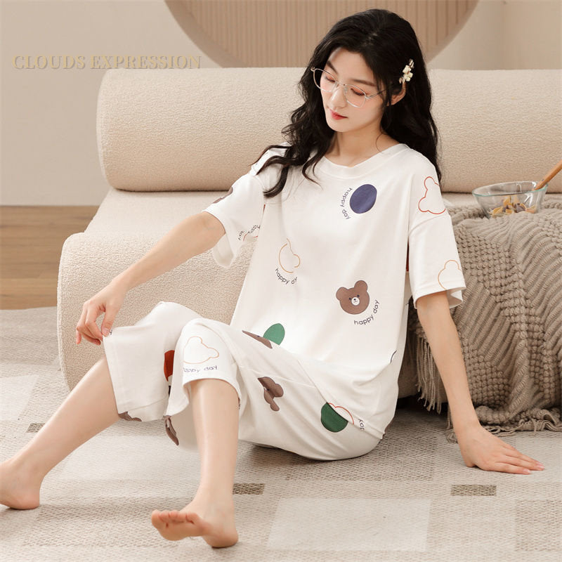 Summer Knitted Cartoon Rabbit Print Two Piece Kawaii Girl Short Sets Women Pajamas Sets Pyjamas Ladies Sleepwear Pijamas Fashion