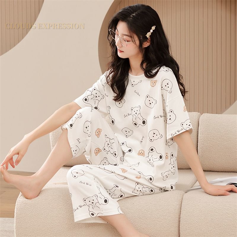 Summer Knitted Cartoon Rabbit Print Two Piece Kawaii Girl Short Sets Women Pajamas Sets Pyjamas Ladies Sleepwear Pijamas Fashion