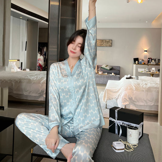 QSROCIO NEW Women's Pajamas Set Luxury Style Painting Print Sleepwear Satin Silky Touch Homewear V Neck Nightie Casual Home Suit