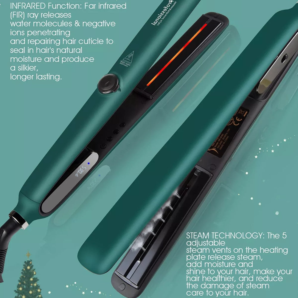 Steam Hair Straightener Ceramic Coating Plates LCD Display Flat Iron MCH Heating Hair Styling Tools with Infrared Function Gifts