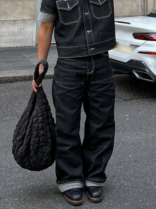 Multi Pocket Baggy Wide Leg Jeans For Men Y2k High Street Black Loose Casual Pants HipHop Men's Casual Fashion Workwear Pants