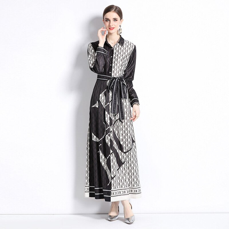 Runway Autumn Letter Print Shirt Dress Women's Lapel Collar Long Sleeve Lace Up Bow Belt A Line Vintage Party Vestidos M9881