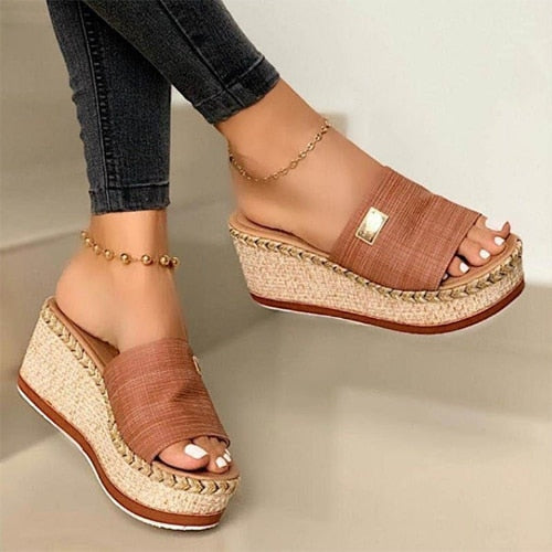 Women Wedges Slippers 2020 Ladies Hemp High Heels Platform Summer Women&#39;s Casual Woman Fashion Denim Female Peep Toe Beach Shoes