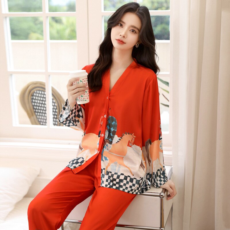 QSROCIO New Women's Pajamas Set Luxury Print Sleepwear V Neck Kimono Casual Homewear Satin Silk Like Nightwear Femme Petite