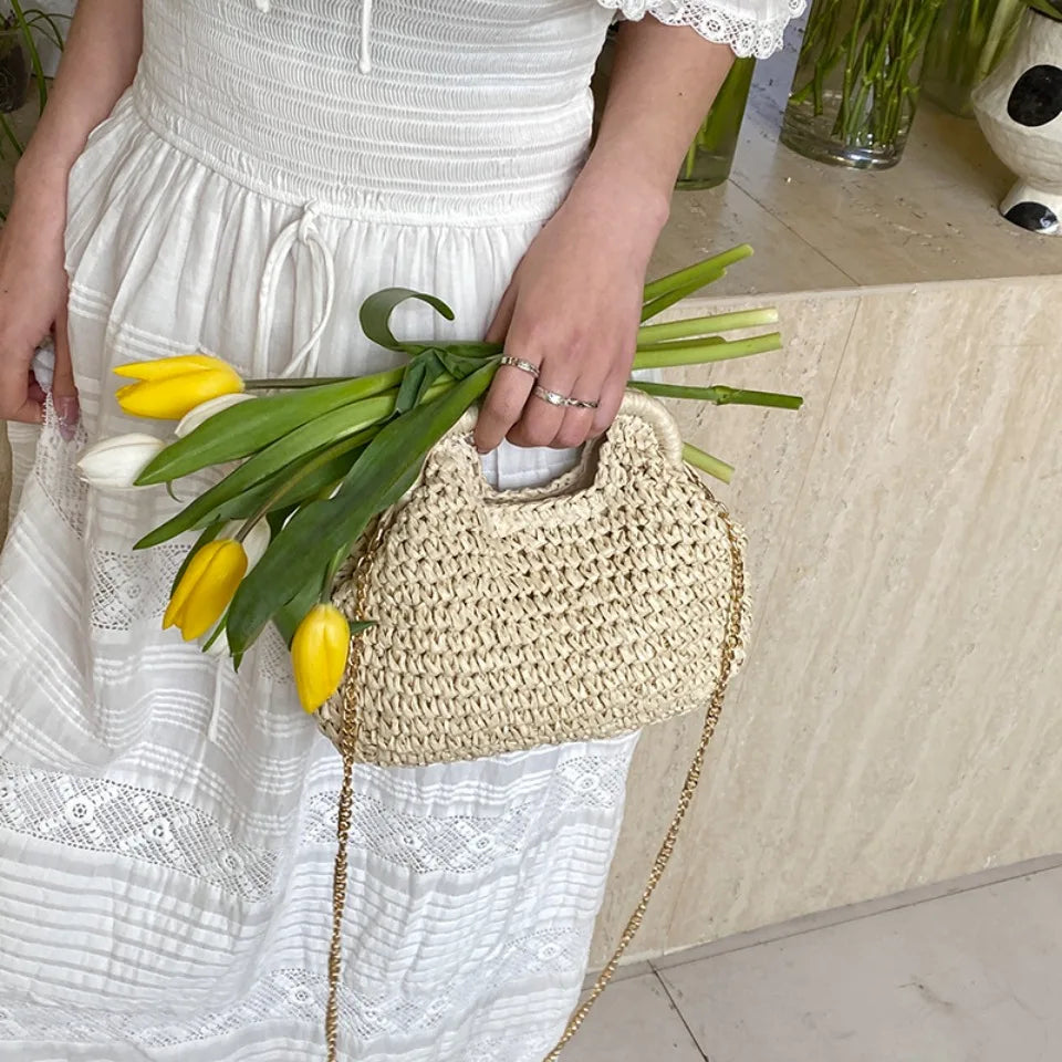 Retro Woven Clutch Bags for Women 2025 Straw Shell Chain Handbag Messenger Bag Ladies Holiday Beach Eco-friendly Crossbody Bag