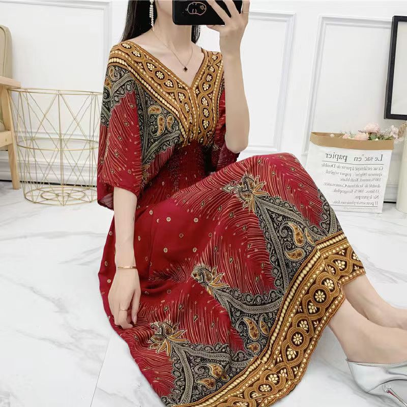 Casual Elegant Retro Style V-neck Tunic Large Swing Printed Dress Long Skirt