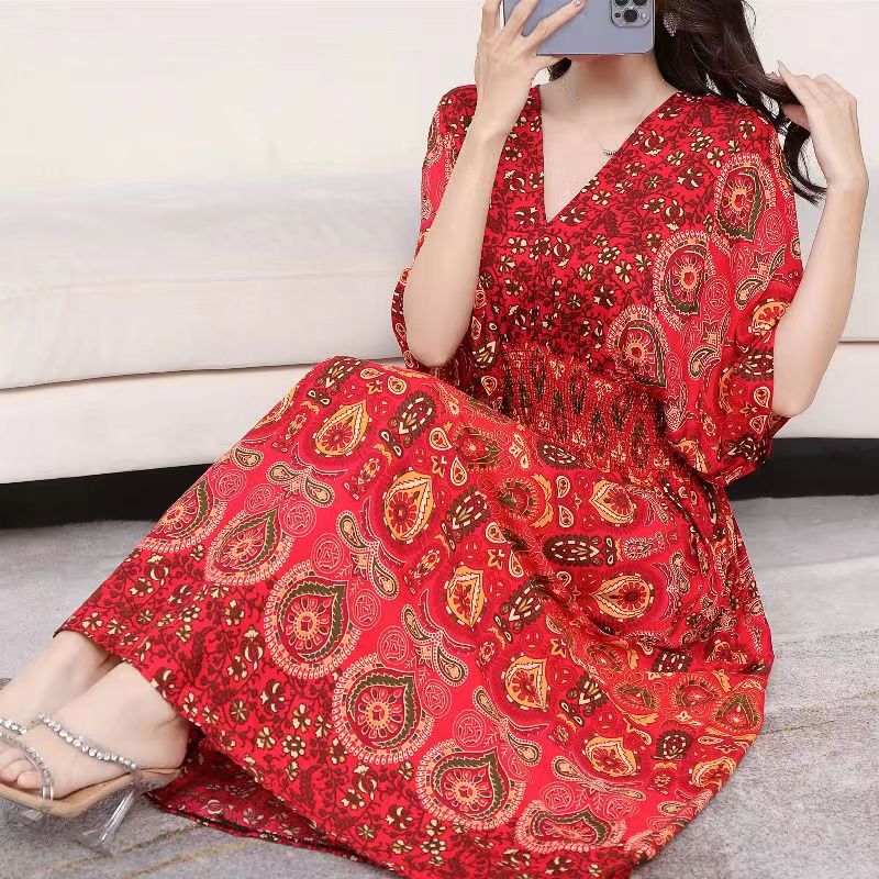 Casual Elegant Retro Style V-neck Tunic Large Swing Printed Dress Long Skirt