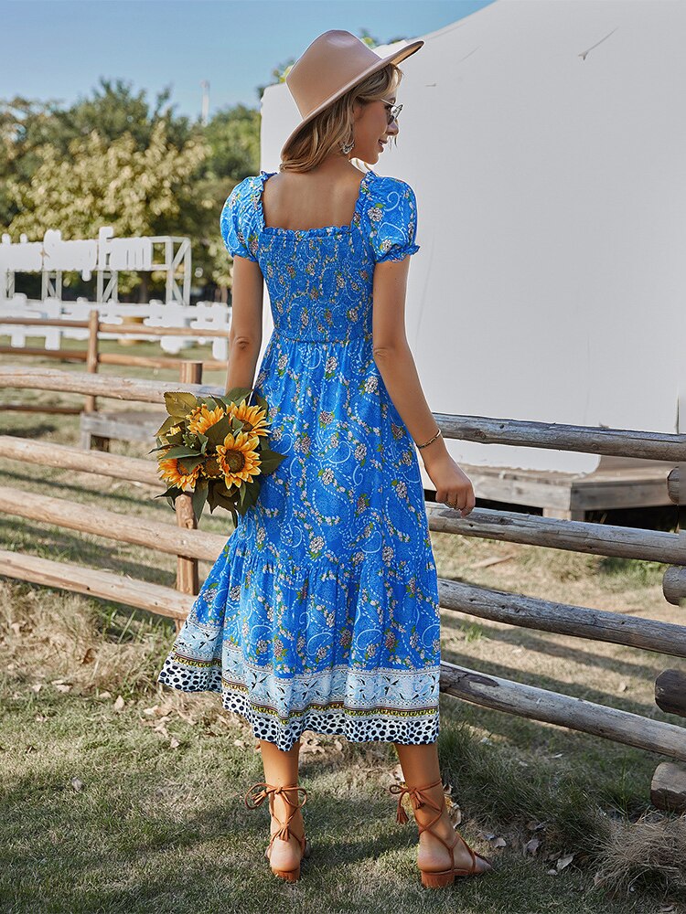 Summer Floral Long Dress Women Casual Ruffle Blue Short Sleeve Holiday Beach Dress Elegant Square Collar Midi Party Dresses 2022