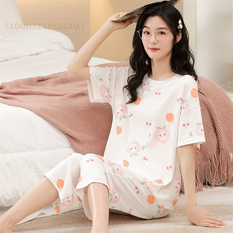 Summer Knitted Cartoon Rabbit Print Two Piece Kawaii Girl Short Sets Women Pajamas Sets Pyjamas Ladies Sleepwear Pijamas Fashion