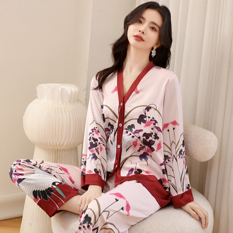 QSROCIO New Women's Pajamas Set Luxury Print Sleepwear V Neck Kimono Casual Homewear Satin Silk Like Nightwear Femme Petite