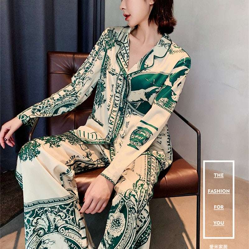 QWEEK Designer Clothes Women Luxury Satin Pajamas Summer Trouser Suits Money Print 2 Piece Set Nightwear Long Sleeve Room Wear