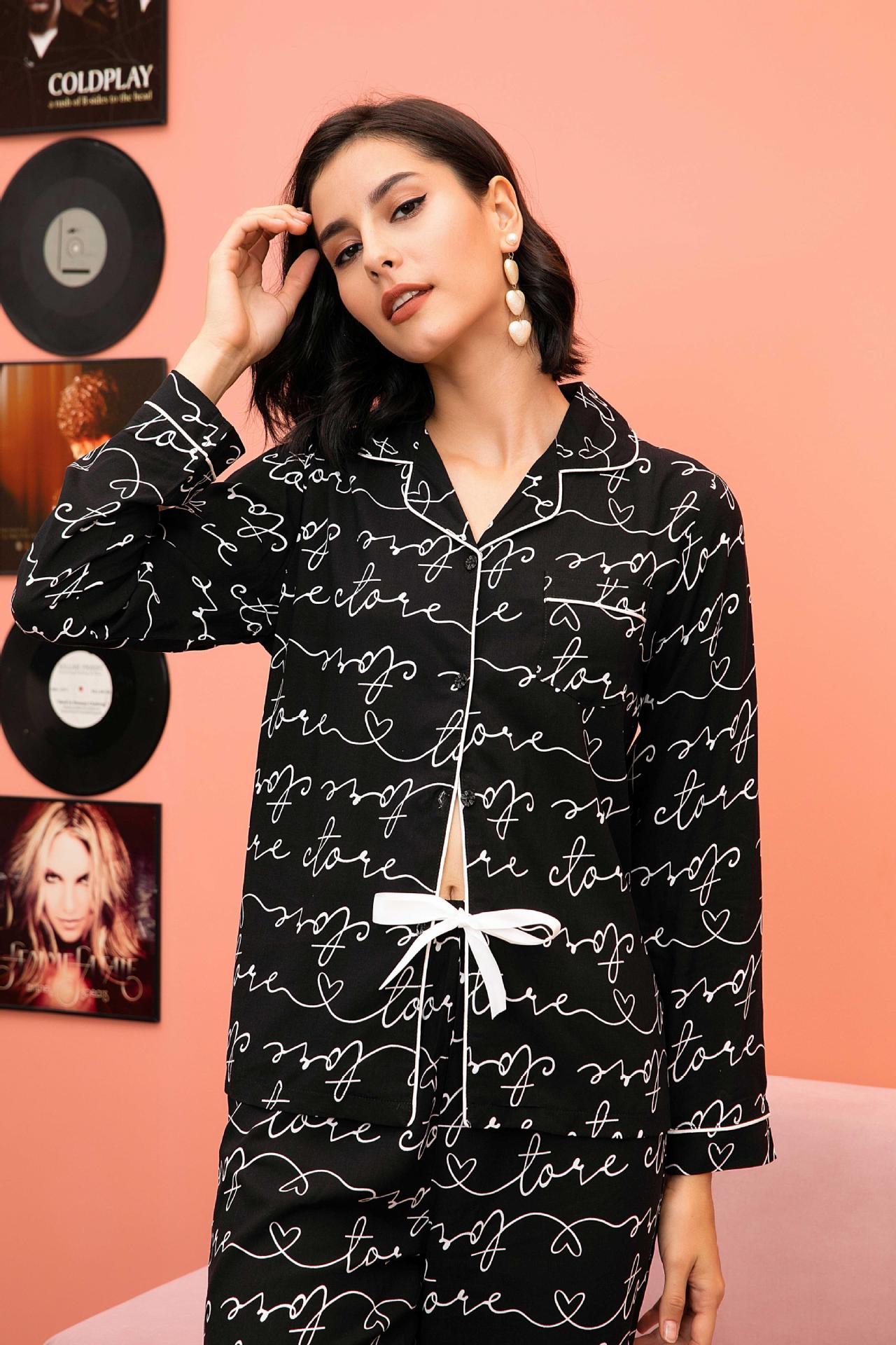 European and American home clothes women spring and autumn cotton RM98-Black striped printed cardigan long-sleeved