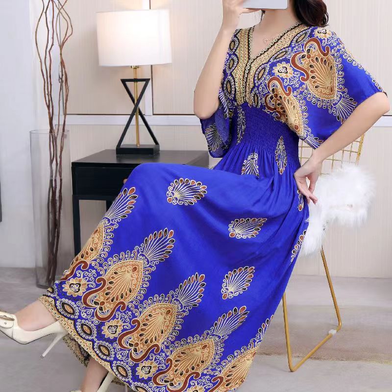 Casual Elegant Retro Style V-neck Tunic Large Swing Printed Dress Long Skirt