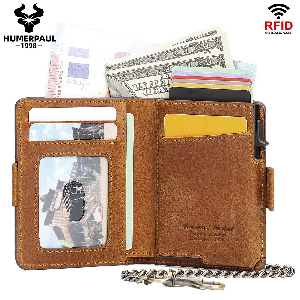 HUMERPAUL AirTag Pop-up Card Holder Purse RFID Protect Credit Cardholder Crazy Horse Leather Men's Wallet with Chain Coin Pocket