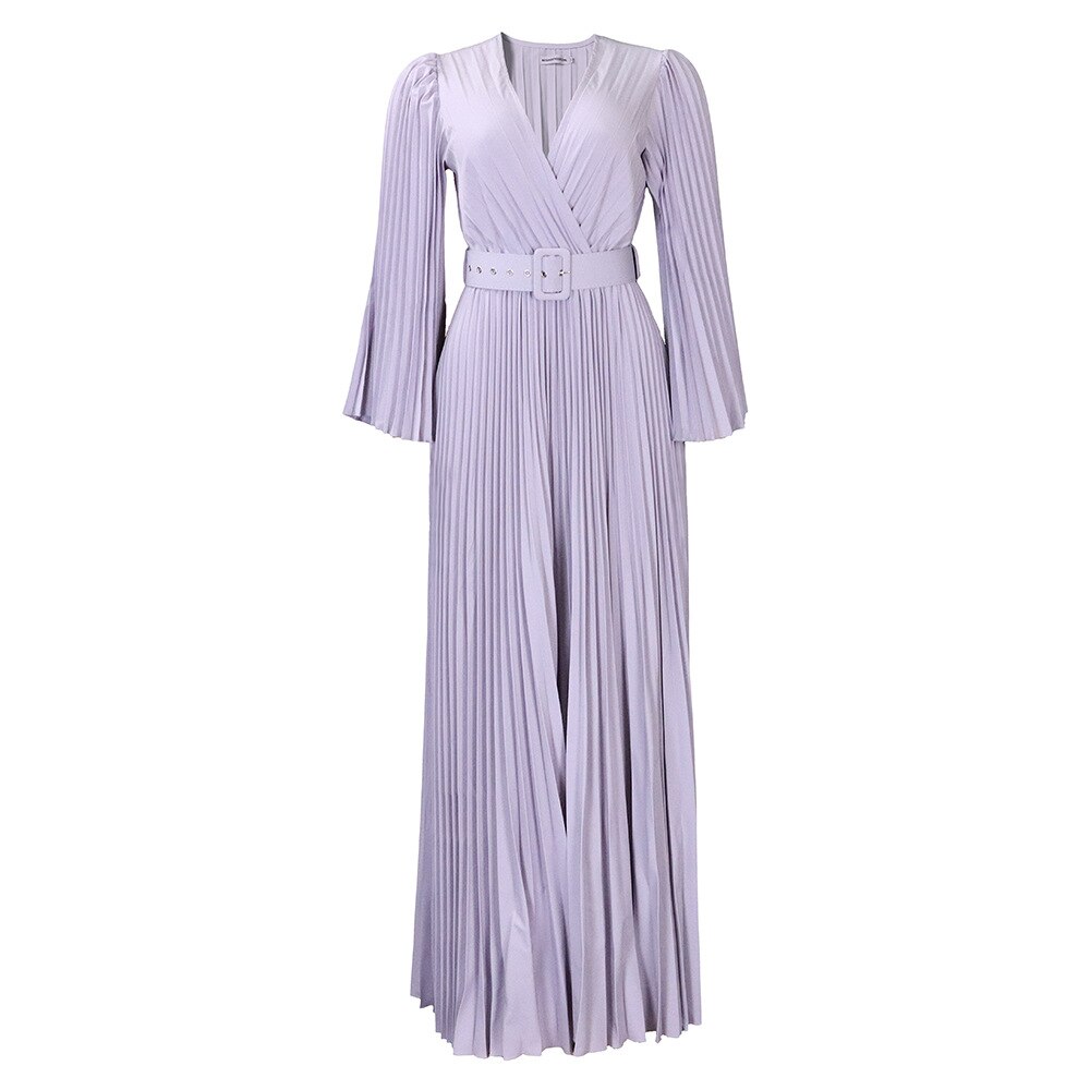 CM.YAYA Pleated Wraped V-neck Flare Sleeve Big Swing Floor Length Maxi Long Dresses for Women Autumn Winter Party Prom Dress