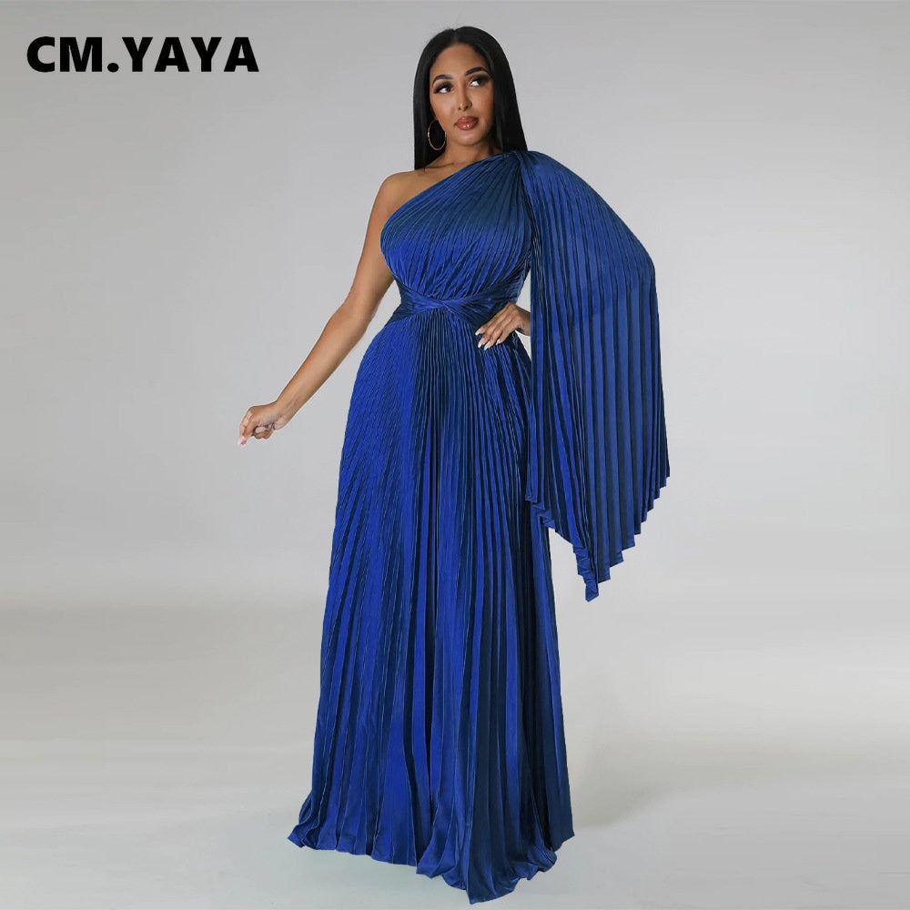 CM.YAYA Vintage Women One Shoulder Clock Sleeve Sashes High Waist Big Swing Pleated Maxi Long Sexy Party Evening Silk Dress 2023