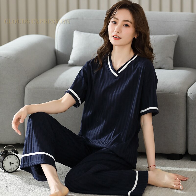 Summer Knitted Cotton Elegant Pajamas Set Women Pyjamas Polka Dots Sleepwear Nightwear Pijama Mujer Plus Size Calf-Length Pants