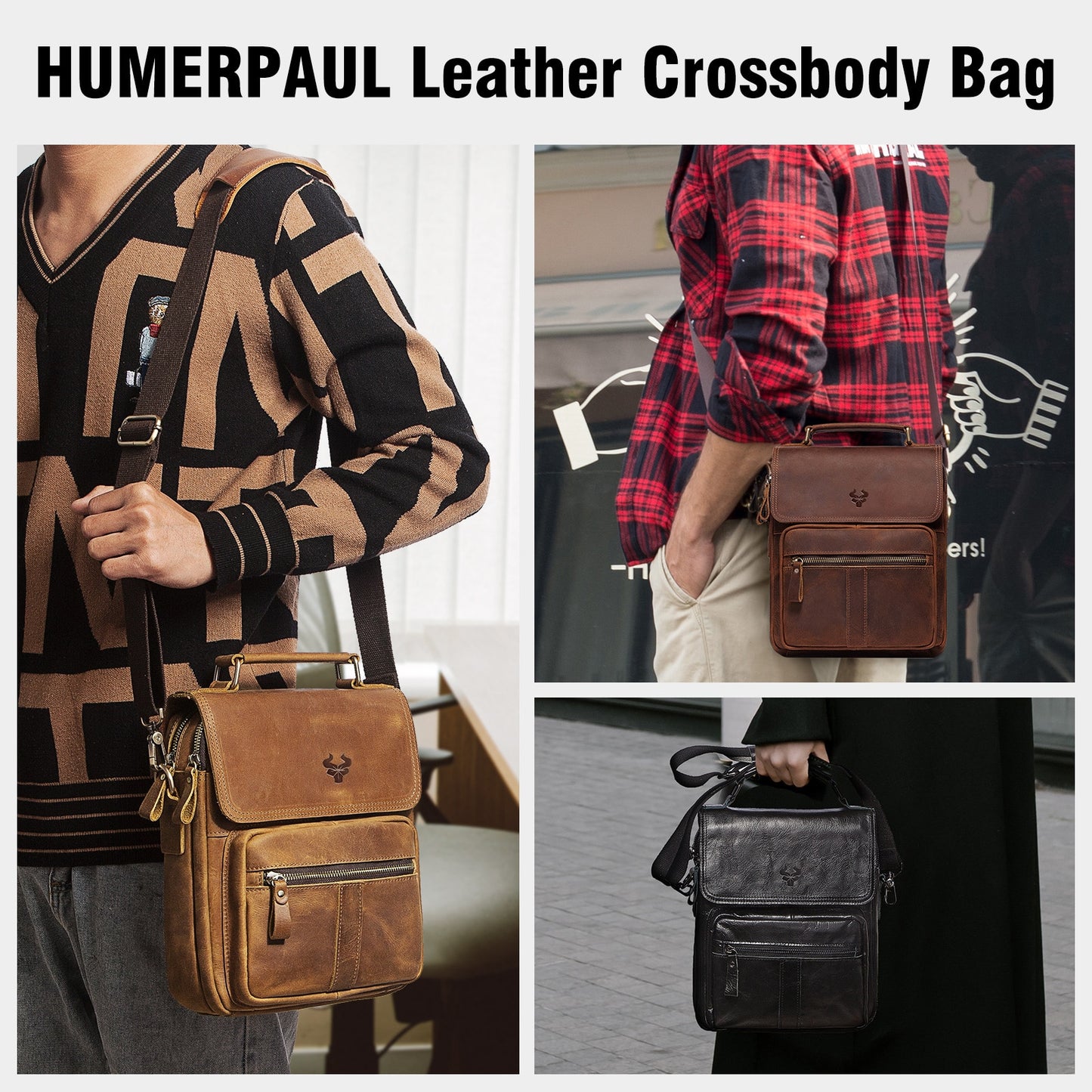HUMERPAUL Genuine Leather Men's Shoulder Bag Luxury Work Business Messenger Bags Fashion Male Crossbody with Adjustable Straps