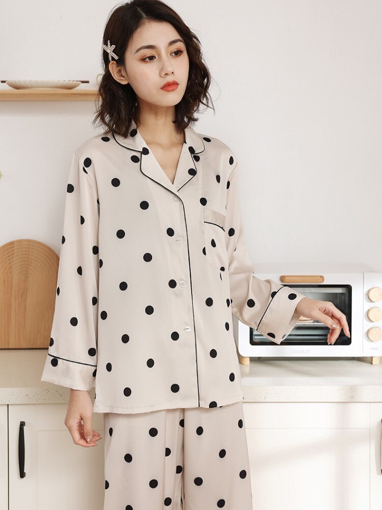 QSROCIO Satin Polka Dot Pajamas Women's Spring Autumn Thin Long Sleeved Pants Two-piece Set Fashion Casual Home Clothing