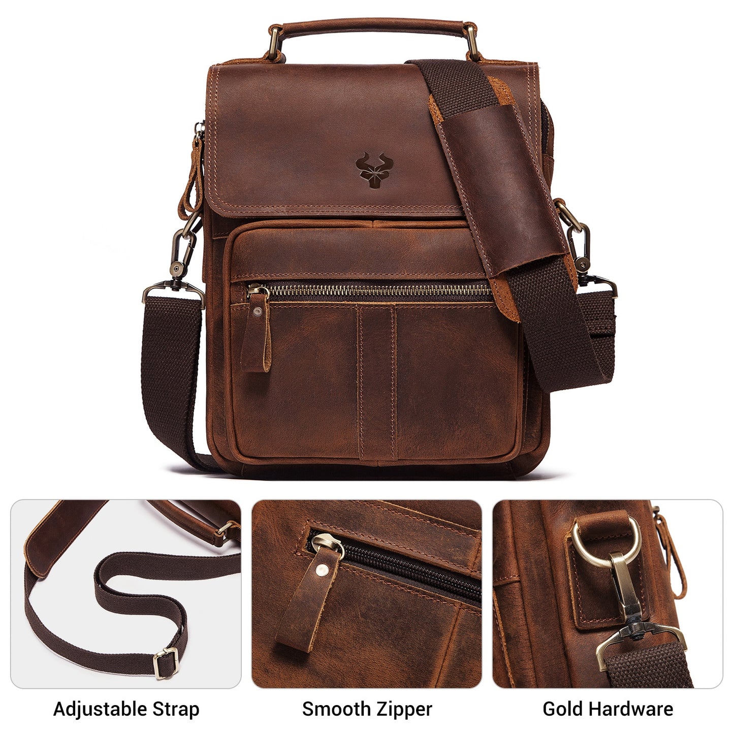 HUMERPAUL Genuine Leather Men's Shoulder Bag Luxury Work Business Messenger Bags Fashion Male Crossbody with Adjustable Straps