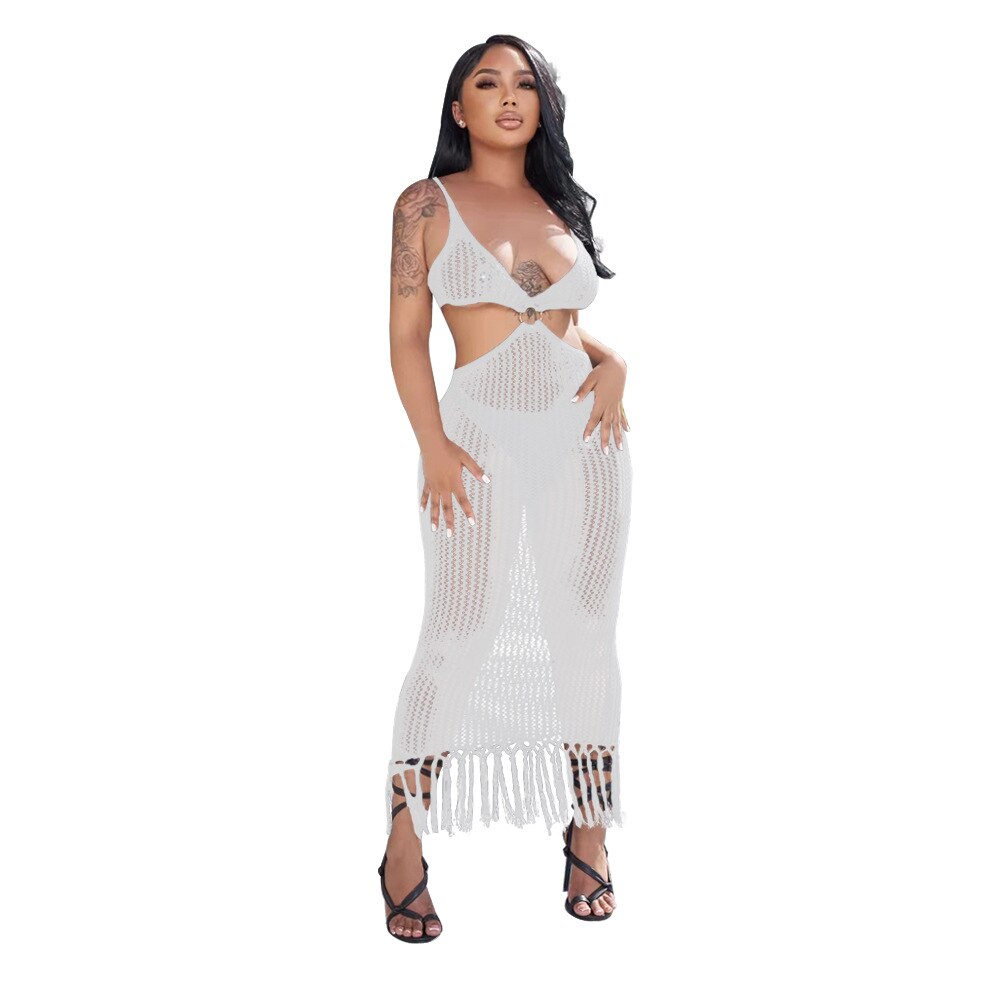 CCM.YAYA Women Ribbed Tassel Hem Cut Out Waist Spaghetti Strap Roll Bodycon Midi Maxi Long Beach Dress 2022 Summer Knit Vestidos