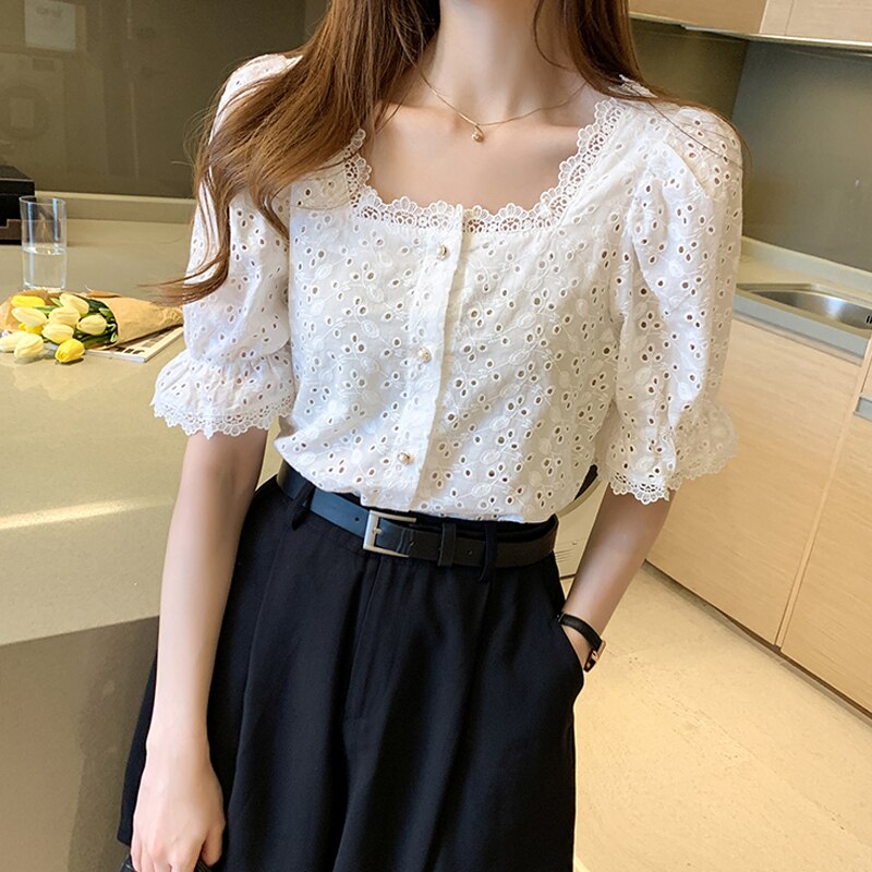 Fashion Summer Short Sleeve Shirts Woman White Blouse Women 2023 Elegant Square Collar Hollow Out Korean Lace Shirt Blusas 13934