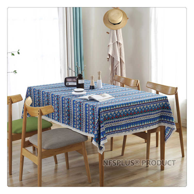Bohimian Linen Table Cloth with Cotton Lace Trim 2 Colors Designs Table Cover Home Decorative Tablecloth for Dinning Wedding