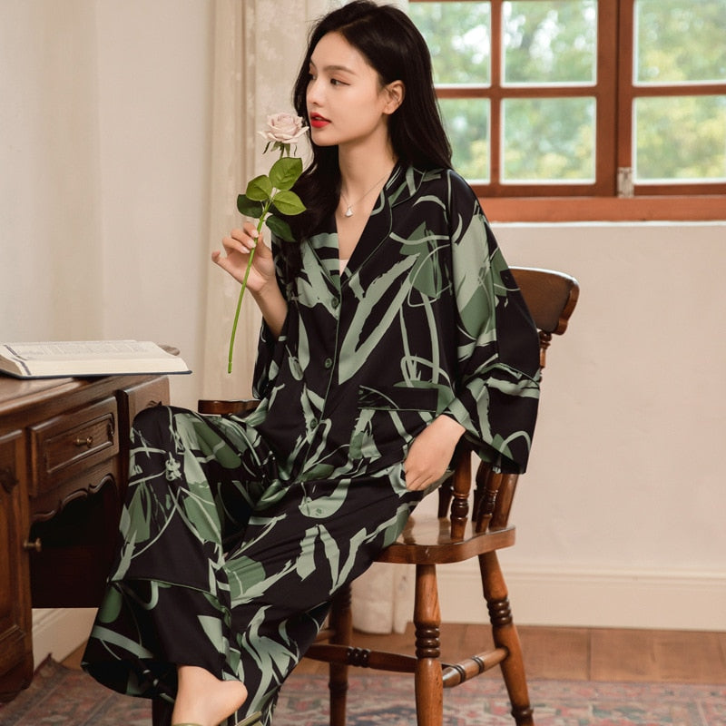 QSROCIO High Quality Women's Pajamas Set Floral Print Silk Like Sleepwear Loose Top Casual Fashion Homewear Nightwear Femme
