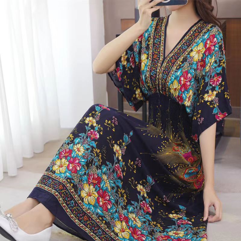 Casual Elegant Retro Style V-neck Tunic Large Swing Printed Dress Long Skirt