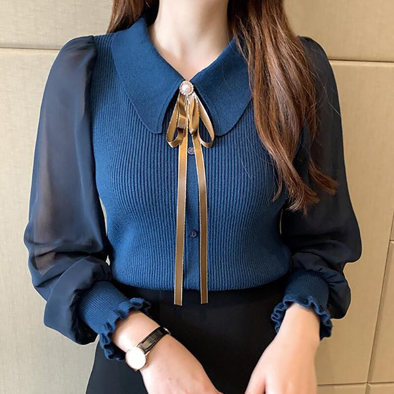 HELIAR Women Chiffon Patchwork Sweater Lantern Sleeve Turn-down Collar Button Pullover Office Lady Sweater For Women 2023 Autumn