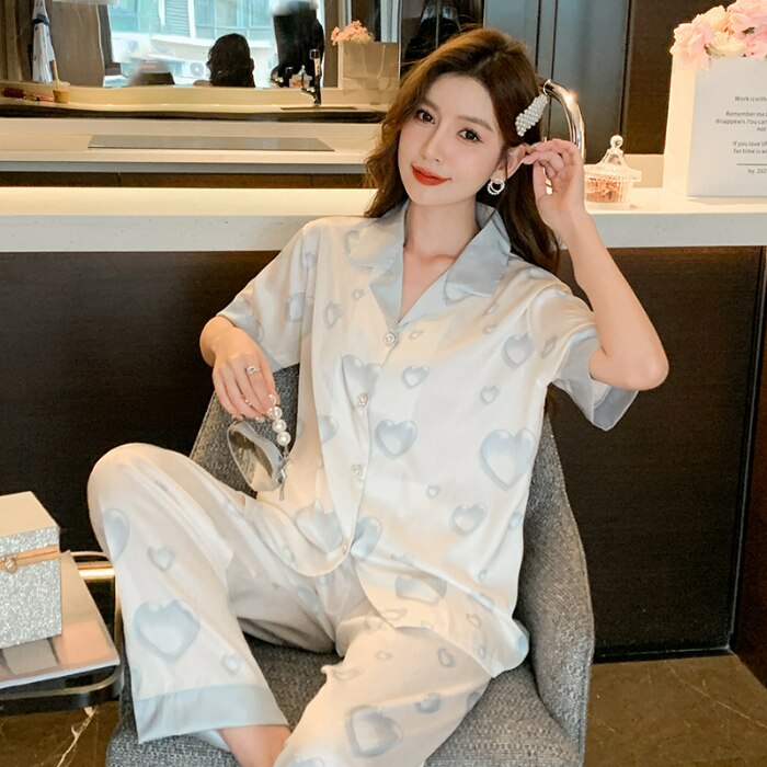 Summer Luxury Women Pajamas Set Faux Silk Pajamas Short Sleeve Two Piece Sleepwear Long Pants Nightwear Set Home Wear Clothes