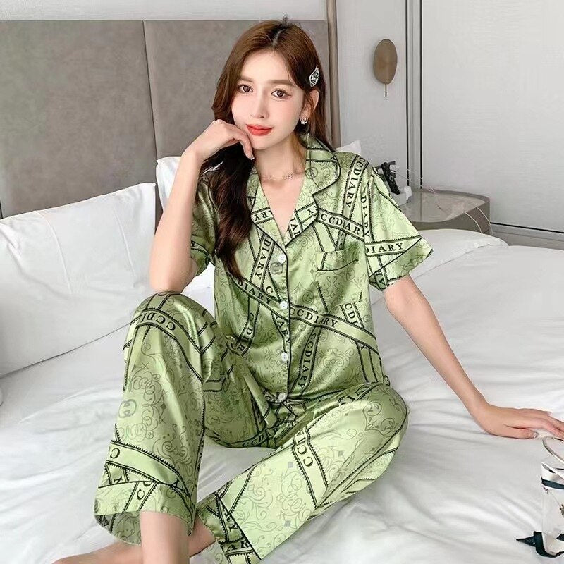 Pajamas Women Summer Thin Section V-neck Imitation Silk Ice Silk Short-sleeved Sleepwear Ladies Home Service 2-piece Pajamas