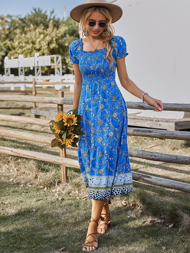 Summer Floral Long Dress Women Casual Ruffle Blue Short Sleeve Holiday Beach Dress Elegant Square Collar Midi Party Dresses 2022