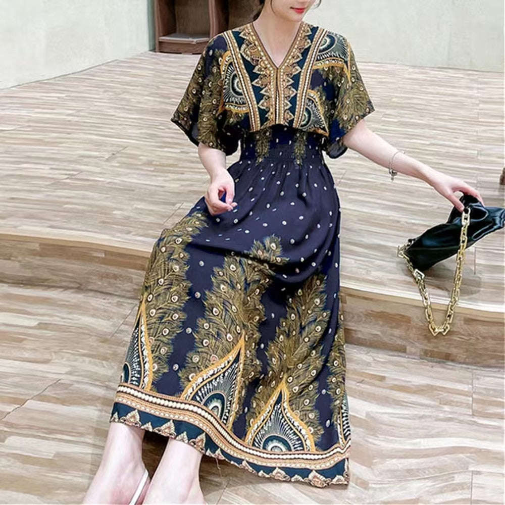 Casual Elegant Retro Style V-neck Tunic Large Swing Printed Dress Long Skirt