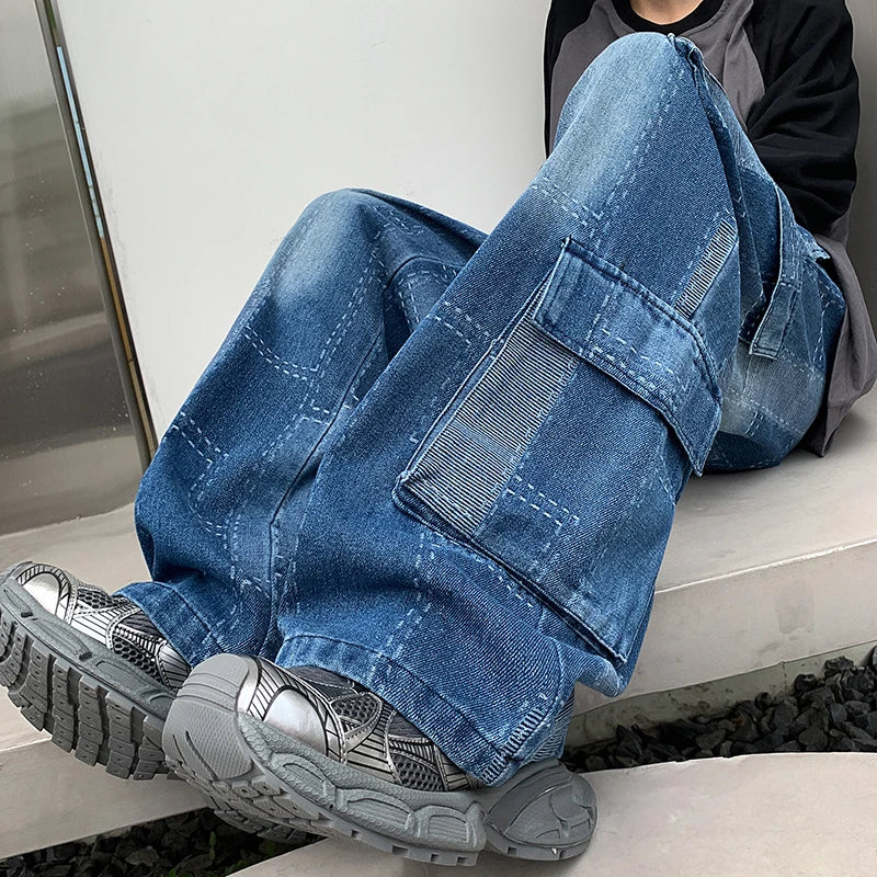 Vintage Patchwork Plaid Cargo Jeans Men Women Baggy Denim Trousers Streetwear Hip Hop Multi-Pockets Safari Style Casual