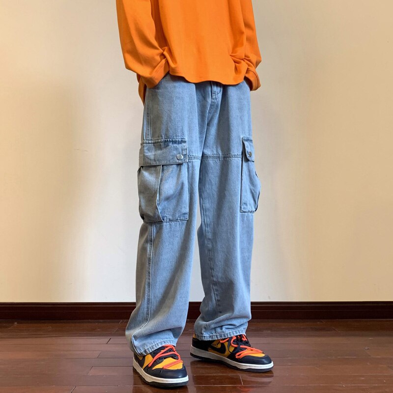 Wide Leg Cargo Pants Autumn New Streetwear Baggy Hip Hop Jeans Big Pockets Men Korean Fashion Loose Straight Male Clothing Blue