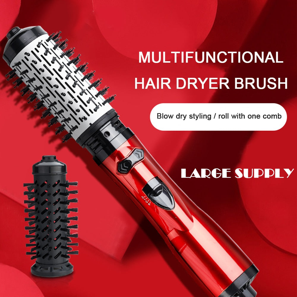 Rotating Hair Dryer Brush Electric Blow Drier Comb Hot Air Straightener Curler Iron One Step 2 Gears Blower Replaceable 2 Heads